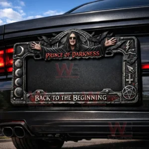 Gothic Prince of Darkness license plate frame with a figure and Back To The Beginning text mounted on a black car.