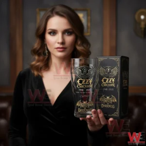 Woman presenting a decorative gothic style glass and matching black box in an elegant indoor environment!
