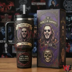 A Prince of Darkness themed tumbler and matching box displayed on a table with detailed gothic artwork and a dramatic rock music background!