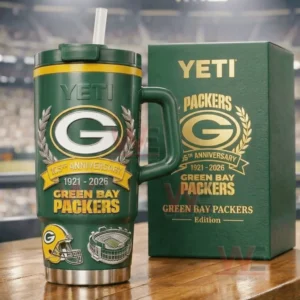 A green insulated tumbler with handle lid and straw showing Green Bay Packers 105th anniversary 1921 2026 graphics with a matching green gift box featuring the same G logo and commemorative text!