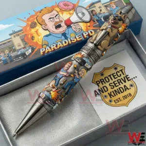 Paradise PD collectible pen in a gift box with cartoon police artwork and a badge style card that says Protect And Serve Kinda with est 2018.