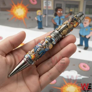 Paradise PD Worst Cops Ever Pen 3 Hand holding a Paradise PD themed pen with cartoon police characters action scenes and a dog figure design against a matching illustrated background.