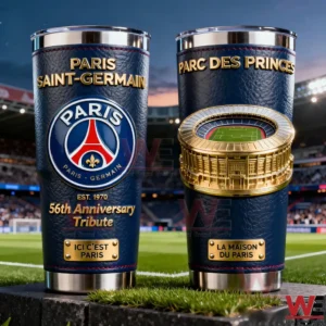 Two Paris Saint Germain insulated tumblers with club crest and Parc des Princes stadium design standing on grass inside a football stadium!