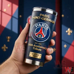 Paris Saint Germain Parc Des Princes Ici C'est paris Tumbler 3 Hand holding a Paris Saint Germain insulated tumbler with anniversary tribute design in front of a football themed background!