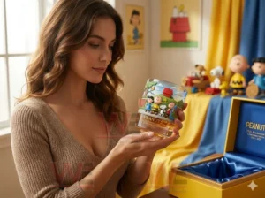 Peanuts 75th Anniversary Commemorative Glass 4 A woman holding a Peanuts seventy fifth anniversary whiskey glass with colorful cartoon artwork and amber whiskey in a cozy themed setting!