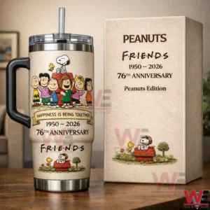 Cream Peanuts Friends anniversary insulated tumbler with handle and straw beside a matching edition gift box featuring Snoopy and friends artwork!
