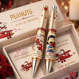 Two Peanuts Themed Pens Displayed In A Gift Box With Love In Bloom Branding Romantic Cards And Rose Decorations!