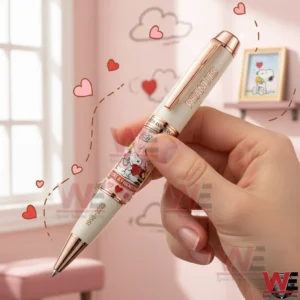 A Close Up Of A Peanuts Collectible Pen In A Person Hand With Heart Patterns And A Soft Romantic Background!