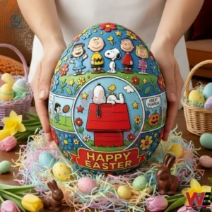 Decorative Easter egg with Snoopy on his doghouse and Peanuts characters surrounded by colorful Easter decorations!
