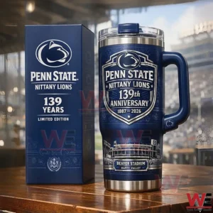 Penn State Nittany Lions 139Th Anniversary 1887-2026 Beaver Stadium Tumbler 4 Penn State Nittany Lions 139th anniversary insulated tumbler with navy handle displayed next to a matching 139 years limited edition gift box in front of a stadium background.