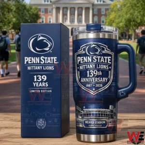 Penn State Nittany Lions 139Th Anniversary 1887-2026 Beaver Stadium Tumbler 5 Penn State Nittany Lions 139th anniversary insulated tumbler with navy handle next to a matching limited edition gift box on a campus background.