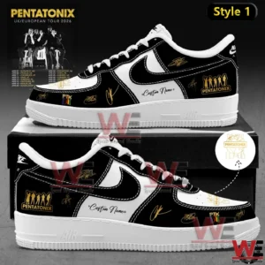 Black and white Pentatonix themed sneakers with gold signatures custom name detail and tour inspired graphics!