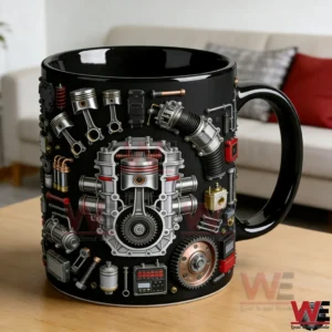 Black ceramic mug with embossed engine parts and industrial mechanical details!