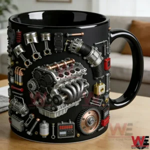 Side view of a black mug with detailed engine part decorations on a wooden surface!