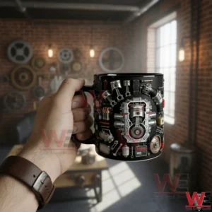 Hand holding a black mug decorated with engine parts inside an industrial room!