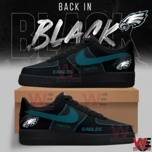 Black and teal Philadelphia Eagles themed low top sneakers shown in a promotional layout on a shoebox with back in black text in the background!