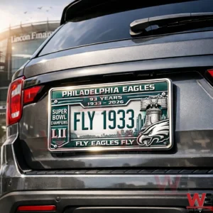 Philadelphia Eagles license plate design on a vehicle featuring fly one nine three three text super bowl champions details and team graphics.