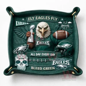 Green leather valet tray on white background featuring fly eagles fly slogan eagle mascot holding trophy football helmet Eagles logos all day every day text and bleed green phrase with snapped corners!
