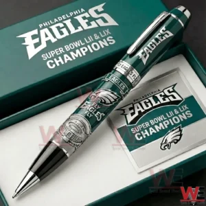 Philadelphia Eagles Super Bowl champions ballpoint pen in a presentation box featuring dark green colors Eagles logo champions text and stadium themed artwork.