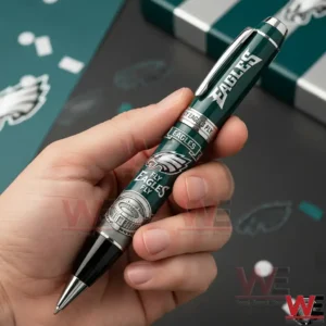 Hand holding a dark green Philadelphia Eagles commemorative ballpoint pen with Eagles logo fly Eagles fly text and stadium themed artwork against an Eagles themed background.