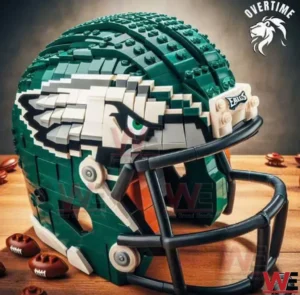 Philadelphia Eagles NFL Helmet Building Blocks Set 3 A detailed close up shows a green building block football helmet with an eagle head motif styled after a Philadelphia Eagles inspired helmet!