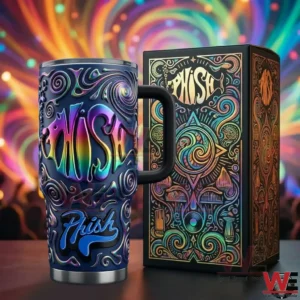 Colorful psychedelic handled tumbler with rainbow lettering next to a decorative box in a vibrant scene!
