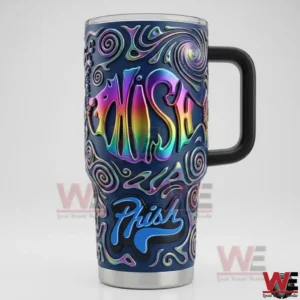 Phish Band 40oz Tumbler With Handle 3 Psychedelic handled tumbler with rainbow lettering shown on a white background!
