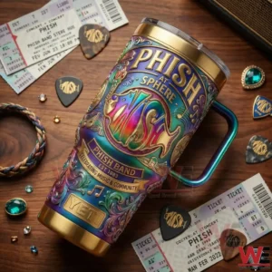 A top down view of a Phish at Sphere YETI tumbler lying on a wooden table among tickets picks and decorative music objects!