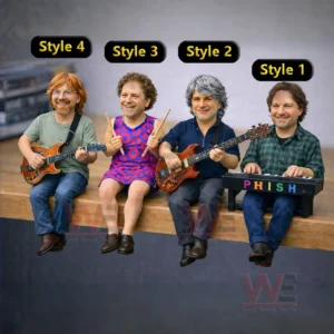 Four miniature musicians sitting on a wooden ledge with guitar bass drumsticks and keyboard labeled with style option titles above each figure