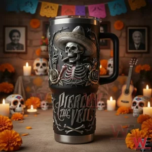 Pierce The Veil Skeleton Day Of The Dead Yeti Tumbler 4 Pierce the Veil skeleton themed insulated tumbler displayed on a festive table with candles and skull decorations!