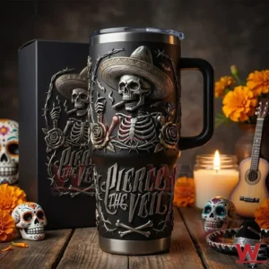Pierce The Veil Skeleton Day Of The Dead Yeti Tumbler 5 Pierce the Veil themed insulated tumbler with skeleton design shown with its box on a decorated table!