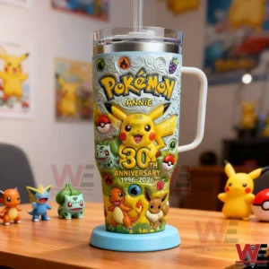 Pokemon themed tumbler with Pikachu artwork and a custom name on the front!