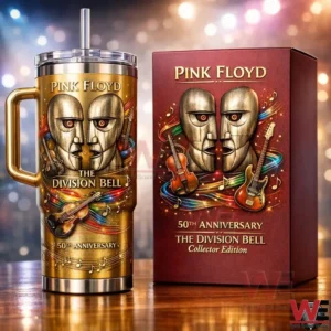 Pink Floyd The Division Bell 50th anniversary tumbler with handle and straw beside a matching collector edition box with colorful music themed design!