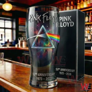 Pink Floyd themed beer glass displayed on a bar with a presentation box!