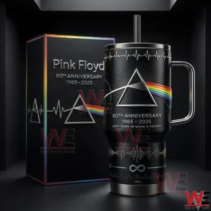 Pink Floyd sixty year anniversary tumbler shown with collector box featuring prism rainbow and sound wave artwork!