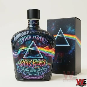 Pink Floyd themed whiskey bottle with matching display box on white background!