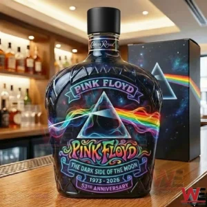Pink Floyd themed whiskey bottle displayed on a stylish bar counter!