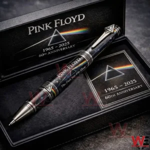 Pink Floyd commemorative pen in a black presentation box with rainbow prism artwork and a 60th anniversary card marked 1965 2025.