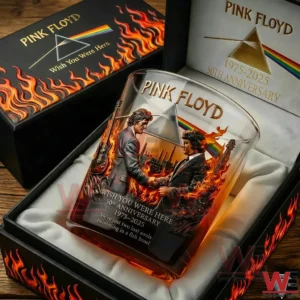 Pink Floyd anniversary whiskey glass displayed in a luxury gift box with album inspired artwork and warm amber tones!