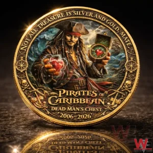 Gold Pirates of the Caribbean Dead Mans Chest anniversary coin with pirate artwork compass and glowing heart shown on a reflective surface.