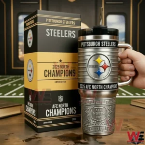 Silver Pittsburgh Steelers tumbler with handle and straw beside black and gold box showing Steelers logo and 2025 AFC North Champions text in a football themed room!