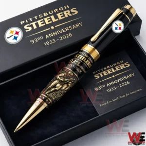Pittsburgh Steelers ninety third anniversary ballpoint pen in a presentation box featuring black and gold colors Steelers logo anniversary text and detailed football player artwork.