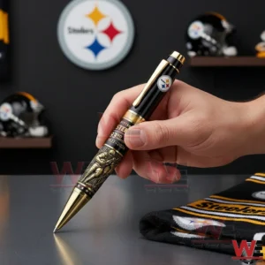 Hand holding a black and gold Pittsburgh Steelers ninety third anniversary ballpoint pen with Steelers logo anniversary text and detailed football player artwork against a Steelers themed background.