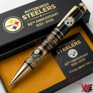 Pittsburgh Steelers black and gold anniversary ballpoint pen resting inside a premium presentation box!