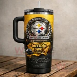 Pittsburgh Steelers anniversary edition tumbler with handle and straw showing team logo and Terrible Towel graphic on a yellow and black background!