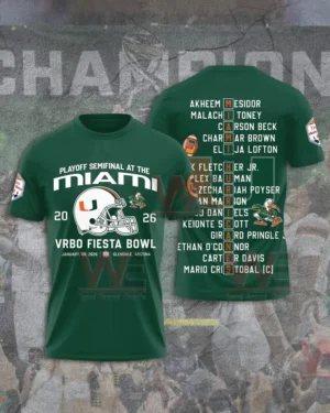 Green Miami Hurricanes VRBO Fiesta Bowl 2026 t shirt mockup showing front playoff semifinal design with helmet graphic and back roster name list layout with team icons!