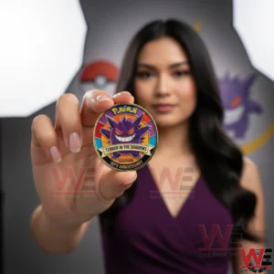 Woman holding a Pokemon Gengar anniversary coin!