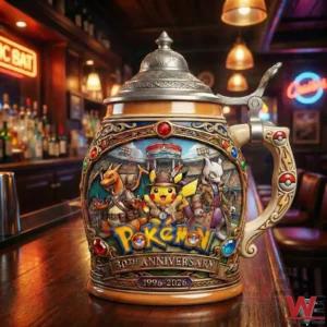 A detailed Pokemon themed beer mug with engraved metal lid and handle sitting on a polished wooden bar with soft ambient lighting!