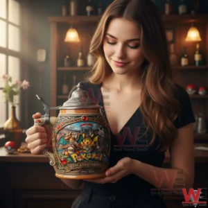 Pokemon 1996-2026 Pikachu Mewtwo Charizard Beer Mug 3 A woman holding a decorative Pokemon themed beer mug with intricate design while standing in front of shelves filled with bottles in a bar!