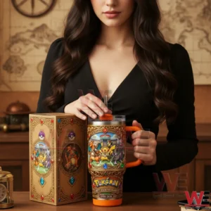 A woman in a black outfit holding a Pokemon themed insulated tumbler with detailed artwork next to its decorative box on a wooden table.